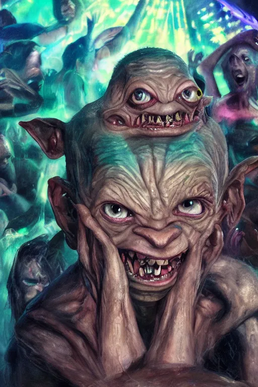 Image similar to gollum visits a rave club, oil on canvas, intricate, 8 k highly professionally detailed, hdr, cgsociety,