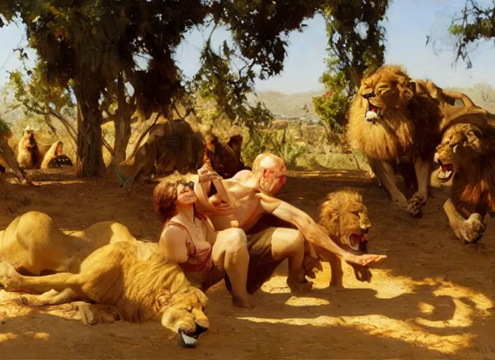 Prompt: a couple in love feeding the lions while a man lies dead on the ground, highly detailed painting by gaston bussiere, craig mullins, j. c. leyendecker