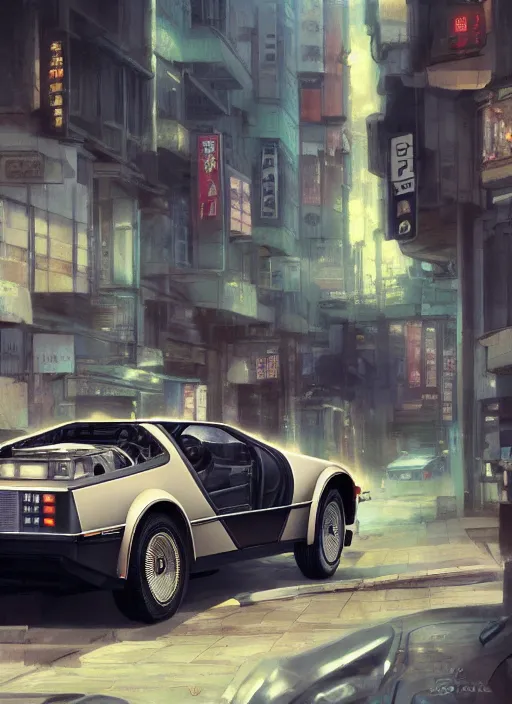 Image similar to 1 9 2 2 delorean in a japanese city, 4 k, greg rutkowski, highly detailed, retrofuturistic, artstation