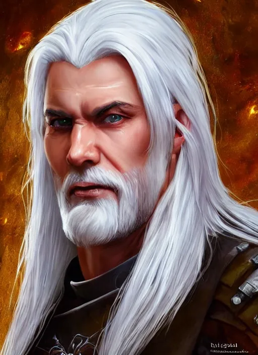 Image similar to man with white hair and white goatee, dndbeyond, bright, colourful, realistic, dnd character portrait, full body, pathfinder, pinterest, art by ralph horsley, dnd, rpg, lotr game design fanart by concept art, behance hd, artstation, deviantart, hdr render in unreal engine 5