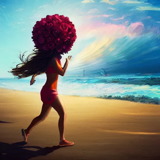 Image similar to portrait, giant rose flower head, woman running at the beach, surreal photography, sunrise, blue sky, dramatic light, impressionist painting, digital painting, artstation, simon stalenhag