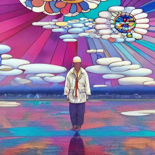 Prompt: a man walking on clouds away from the camera above a lake by takashi murakami, beeple and james jean, aya takano color style, 4 k, super detailed, modern, 4 k, symmetrical