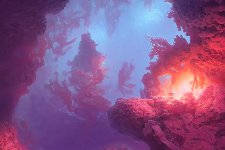 Prompt: beautiful coral crystals, distinct pink orange purple colors, underwater crystal caverns, concept art, beautiful lights, d & d, fantasy, highly detailed, masterpiece, volumetric lighting, digital painting, artstation, smooth, sharp focus, illustration, art by artgerm, by greg rutkowski