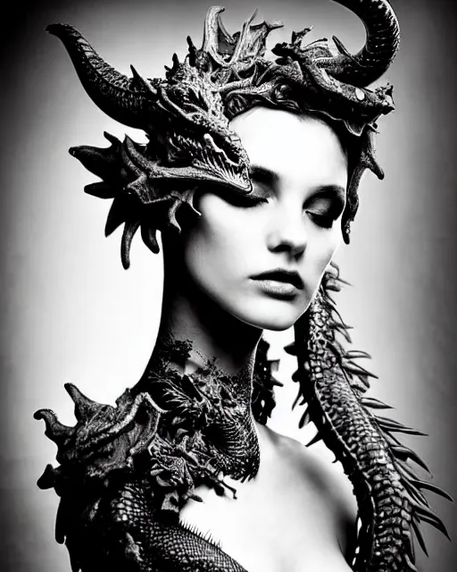 Prompt: a black and white high quality dreamy photo of a young beautiful female queen-dragon-vegetal-flower-cyborg bust with a very long neck, elegant, highly detailed, poetic, soft, dreamy, mysterious, high fashion, rim light, in the style of Ellen von Unwerth, Realistic, Refined, Digital Art, Highly Detailed, Cinematic Lighting, rim light, black and white, photo-realistic, 8K