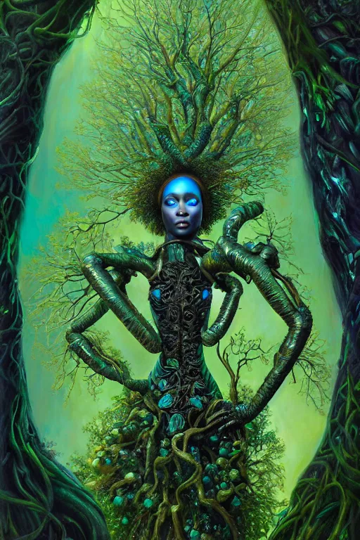 Image similar to hyperrealistic neo - baroque super expressive! black woman with exoskeleton armor, merging with tree in a forest, highly detailed digital art masterpiece smooth cam de leon hannah yata dramatic pearlescent blue green light ground angle hd 8 k sharp focus