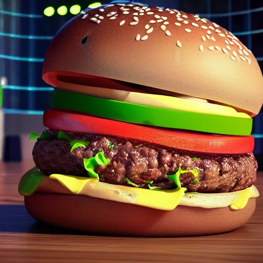 Image similar to burger, splash, 3 d render, incredible details, highly detailed, photorealistic, disney pixar, smooth, octane render, iridescent, 8 k