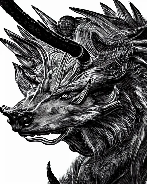 Prompt: A minotaur wolf, black and white, epic, highly detailed face, close-up, fantasy art, dragon art, in the style of masami kurumada, illustration, epic, fantasy, intricate, hyper detailed, artstation, concept art, smooth, sharp focus, ray tracing