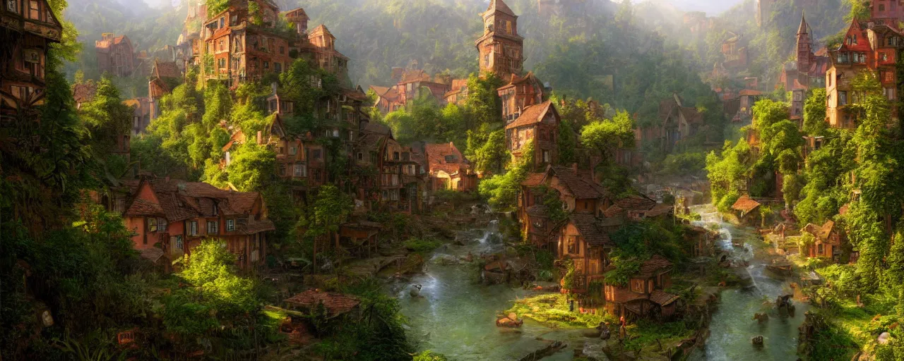 Prompt: Lush valley with a vibrant renaissance town, immaculate highly detailed render by Ted Nasmith, Marc Simonetti, and Andreas Rocha, trending on artstation HD, trending on cgsociety, global illumination, high dynamic range, hdr, rich, textured, large depth of field, no blur