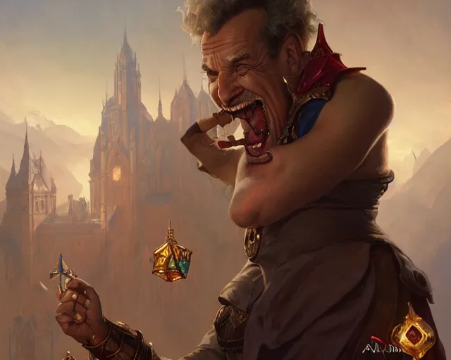 Image similar to david lister laughing at arnold rimmer, deep focus, d & d, fantasy, intricate, elegant, highly detailed, digital painting, artstation, concept art, matte, sharp focus, illustration, hearthstone, art by artgerm and greg rutkowski and alphonse mucha