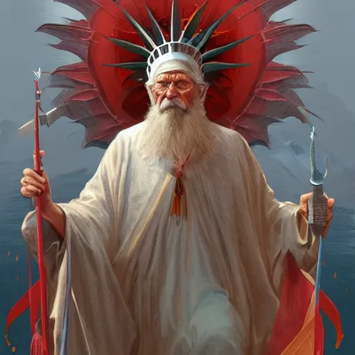 Image similar to An elderly orthodox patriarch as a Lady Liberty riding the red dragon of china, highly detailed, digital painting, artstation, concept art, smooth, sharp focus, illustration, art by artgerm and greg rutkowski and alphonse mucha