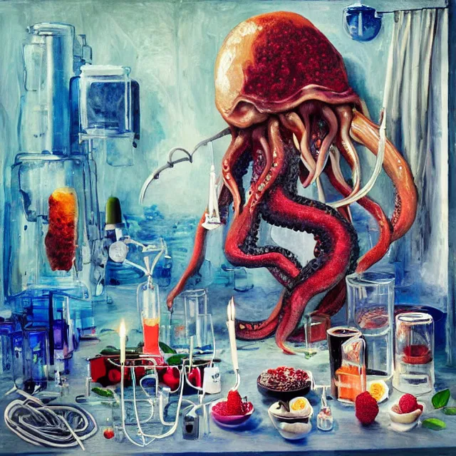 Prompt: sensual, female artist in her apartment, surgical equipment, giant octopus, a fur seal, raw pork, berry juice drips, pancakes, berries, peppercorns scientific glassware with plant roots, art supplies, candles dripping wax, neo - impressionist surrealism, acrylic and spray paint and oilstick on canvas