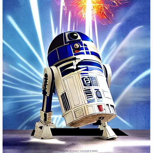 Prompt: Epic Cinematic Poster Of R2-D2 With An Explosion Behind Him