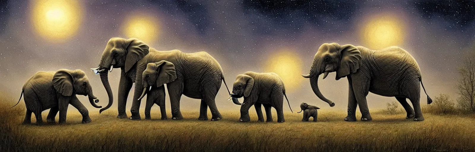 Prompt: two adult elephant and a baby elephant sleeping soundly under a starry sky surrounded by savannah, illustration, detailed, smooth, soft, warm, by Adolf Lachman, Shaun Tan, Surrealism