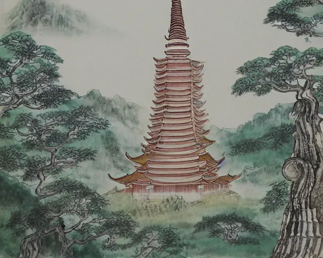 Image similar to twin buddhist pagodas in landscape, traditional chinese watercolor,