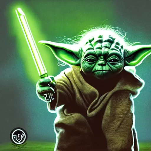 Image similar to Yoda playing guitar on a heavy metal album cover, 4k