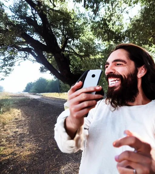 Image similar to Jesus taking a selfie. He is laughing. Professional photo