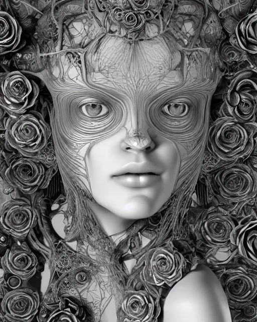 Image similar to mythical dreamy black and white organic bio - mechanical spinal ribbed profile face portrait detail of translucent steampunk beautiful female angelic - human - queen - vegetal - cyborg, highly detailed, intricate crystal ivy jelly ornate, poetic, translucent roses ornate, 3 d render, digital art, octane render, 8 k artistic photography, photo - realistic, by dora maar