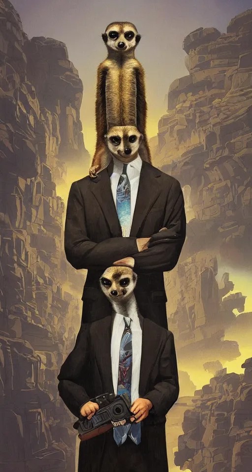 Image similar to a meerkat with suit as president of russia, pulp art, deep focus, turnaround, pulp art, fantasy, intricate, elegant, highly detailed, digital painting, artstation, concept art, matte, sharp focus, illustration, hearthstone, art by rhads and artgerm and greg rutkowski and alphonse mucha