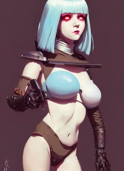 Image similar to portrait of cute goth maiden girl in cyber bikini armor, face by ilya kuvshinov, warhammer, cyberpunk, by atey ghailan, by greg rutkowski, by greg tocchini, by james gilleard, by joe fenton, by kaethe butcher, dynamic lighting, gradient light blue, brown, blonde cream and white color in scheme, grunge aesthetic