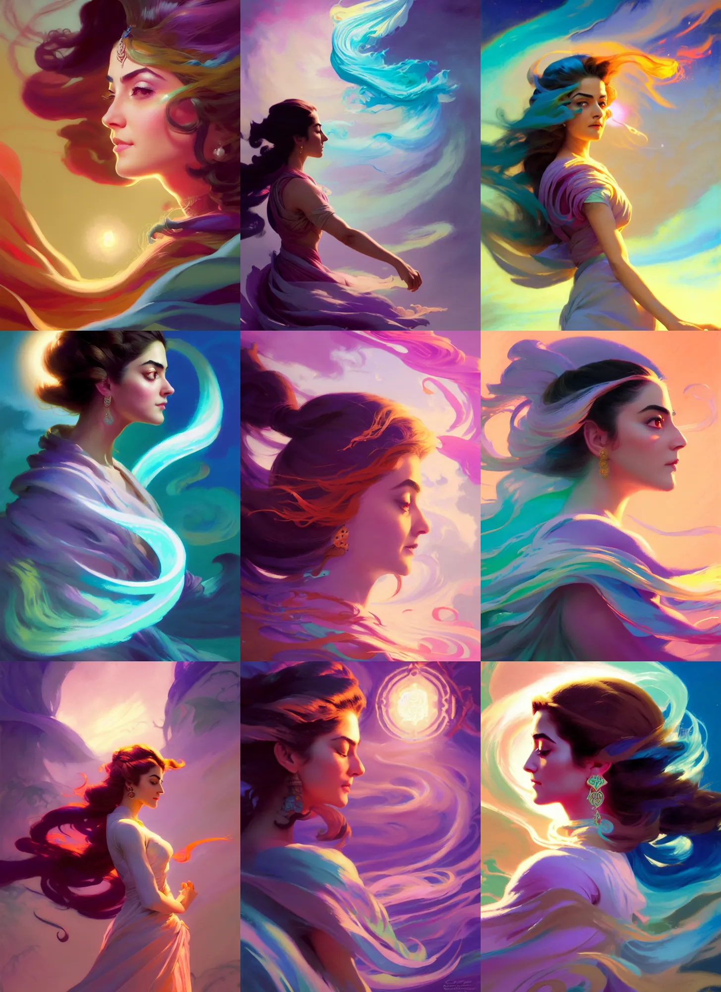 Prompt: side profile, maya ali, wind sorcerer, gloomhaven, luminescent, colorful swirly magic ripples, pastel colors, by greg manchess, huang guangjian, gil elvgren, sachin teng, greg rutkowski, jesper ejsing, ilya kuvshinov