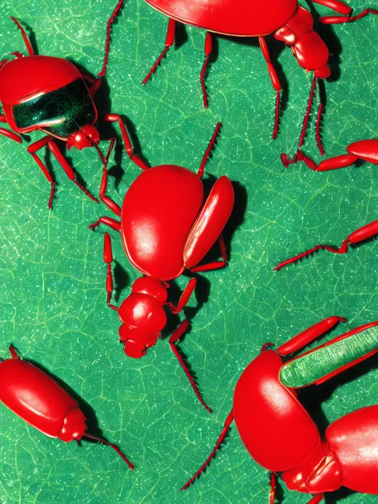 Prompt: subsurface scattering. close - up shot of a beautiful red white and green beetle. insect eyes. complementary color scheme. studio photography by slim aarons, by zhang kechun, by lynda benglis, high quality highly detailed award winning photograph by national geographic. soft volumetric light, smooth gradient.