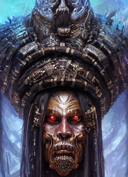 Image similar to masterpiece portrait of a deathlord shaman with cosmic armor, au naturel, hyper detailed, digital art, trending in artstation, cinematic lighting, studio quality, smooth render, unreal engine 5 rendered, octane rendered, art style by klimt and nixeu and ian sprigger and wlop and krenz cushart and kim jung gi and greg rutkowski