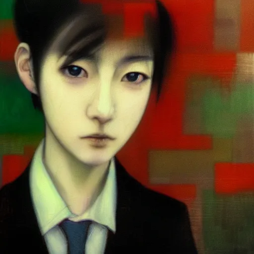 Prompt: yoshitaka amano blurred and dreamy realistic three quarter angle portrait of a young woman with short hair and black eyes wearing office suit with tie, abstract patterns in the background, satoshi kon anime, noisy film grain effect, highly detailed, renaissance oil painting, weird portrait angle, blurred lost edges