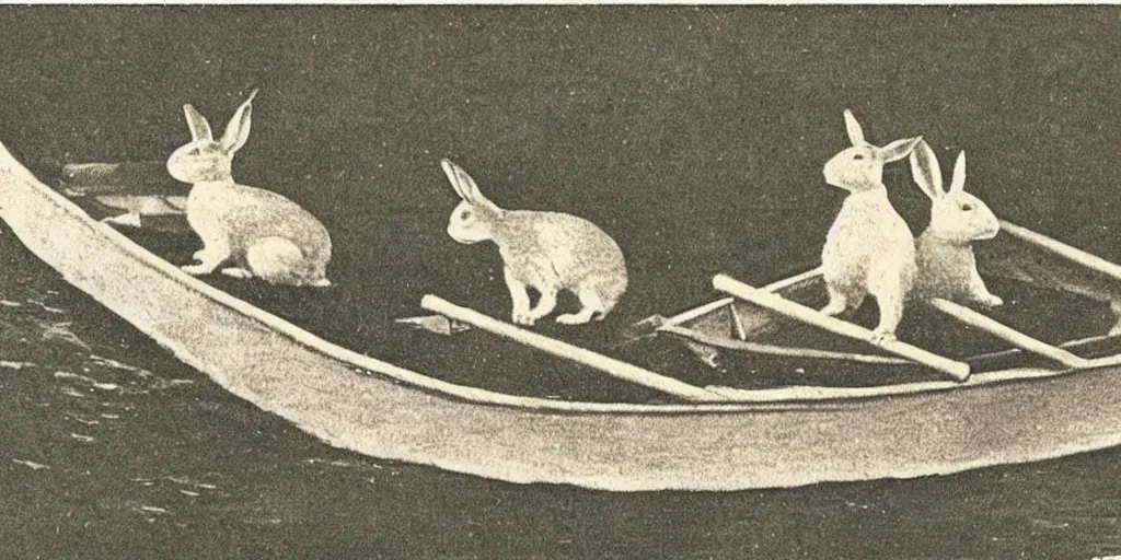 Image similar to a 1 9 1 0 s postcard representing two rabbits in a rowboat