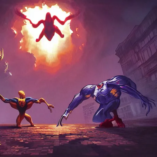 Prompt: the maxx vs spiderman, mtv liquid television, greg rutkowski, trending on artstation