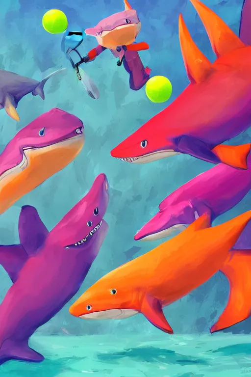 Image similar to colorful sharks playing tennis, digital art, artstation trending, digital painting