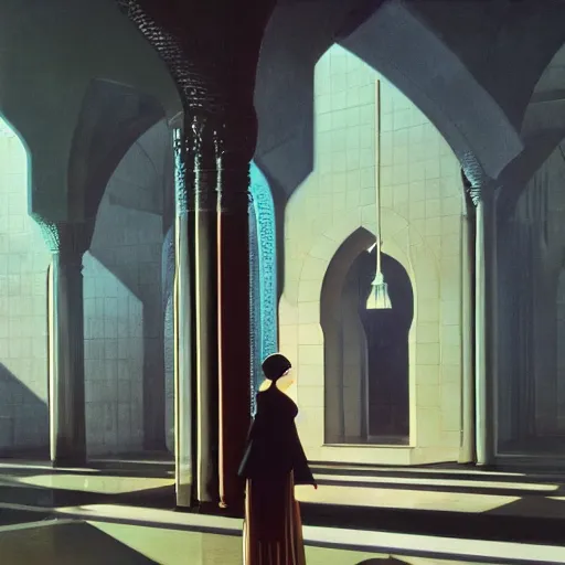 Image similar to beautiful woman, courtyard, capital, mosque interior, reflections, control panel, watcher, omniscient, tech noir, few neon signs, syd mead, matte painting, speed painting, chiaroscuro, oil on canvas