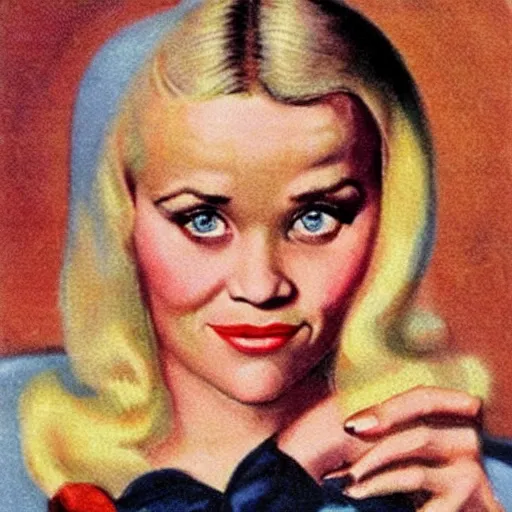 Prompt: “Reese Witherspoon portrait, color vintage magazine illustration 1950”