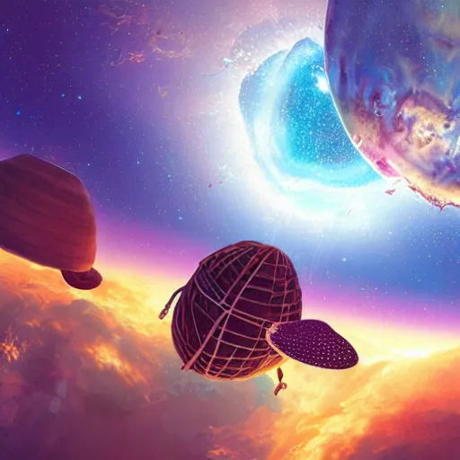 Image similar to an artist's rendering of a brown coconut satellite in space, orchids flowers galaxy, a digital rendering by carl eugen keel, john berkey, featured on cg society, space art, redshift, cinematic, octane render, back light, anamorphic lens flare, colorful, epic reimagined by industrial light and magic