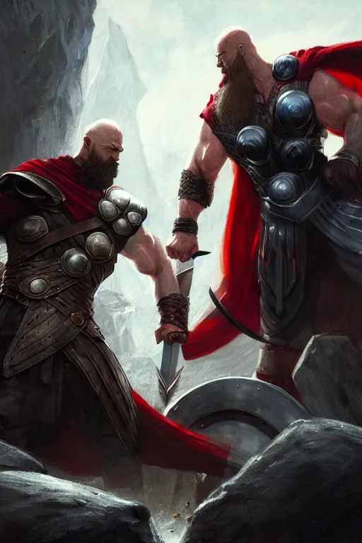 Image similar to kratos vs thor in valhalla, highly detailed, digital painting, artstation, concept art, smooth, sharp focus, illustration, unreal engine 5, 8 k, art by artgerm and greg rutkowski and edgar maxence