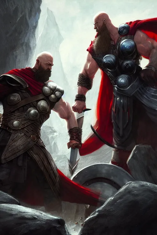 Prompt: kratos vs thor in valhalla, highly detailed, digital painting, artstation, concept art, smooth, sharp focus, illustration, unreal engine 5, 8 k, art by artgerm and greg rutkowski and edgar maxence