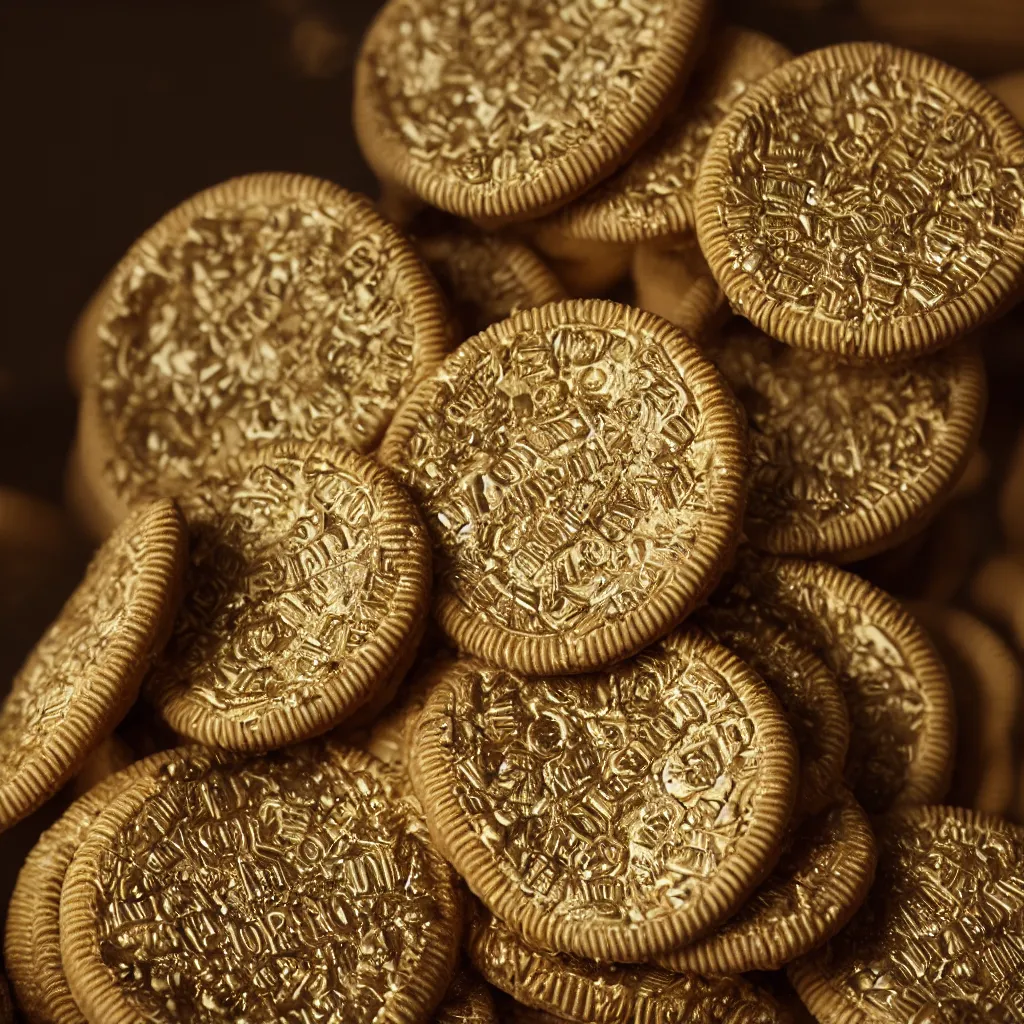 Image similar to 2 4 k gold oreos dunking in milk, advertising, marketing photography, beautiful product photography, sharp highlights, high contrast, octane render, vray