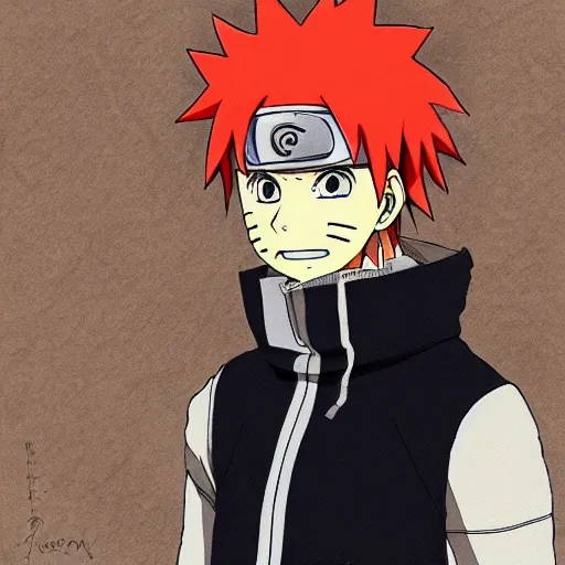 Image similar to a colored sketch of Naruto wearing casual clothes in the art style of Koyoharu Gotouge