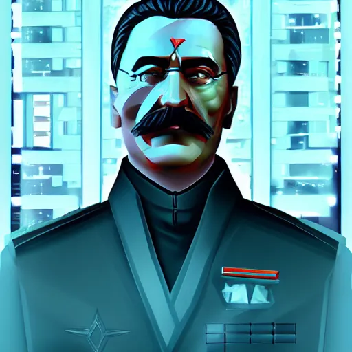 Image similar to cyberpunk joseph stalin as the leader of a futuristic communist society, cybernetics, sharp lines, digital, artstation, colored in