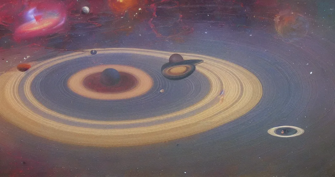 Image similar to saturn rings chaotic oil painting cosmic horror gigantic scale