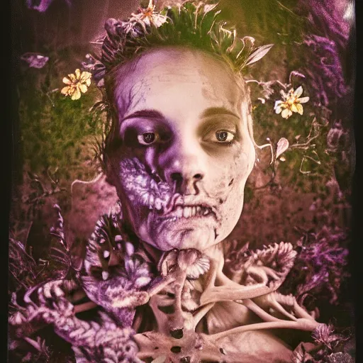 Image similar to a beautiful detailed front view portrait of a rotten woman corpse with fractal plants and fractal flowers growing around, volumetric light, beautiful lit, polaroid photography