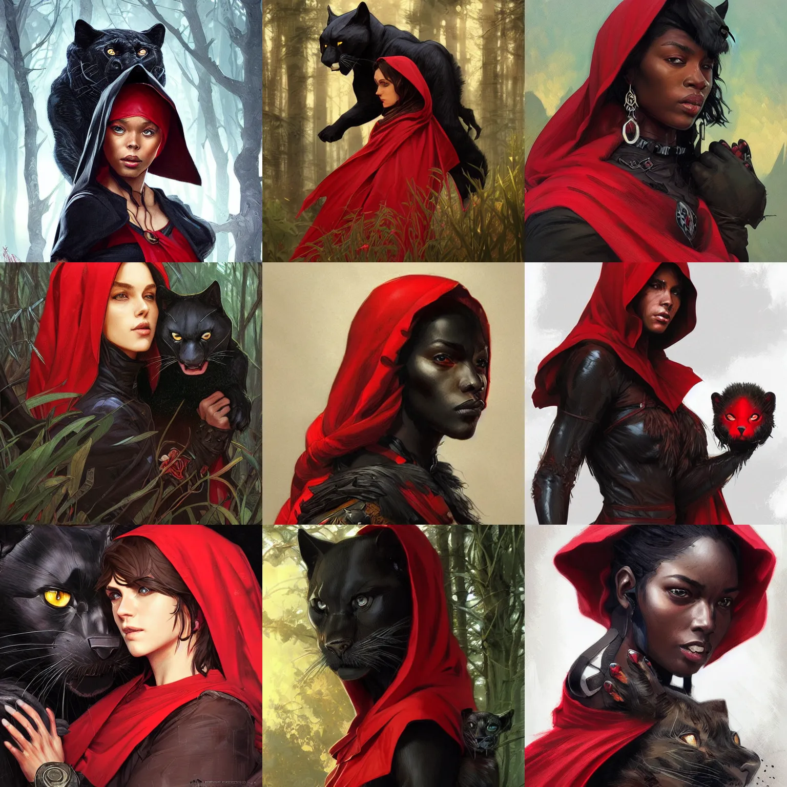 Prompt: Portrait of Little Red Riding Hood with a black panther, intricate, wild, highly detailed, digital painting, artstation, concept art, smooth, sharp focus, illustration, art by artgerm and greg rutkowski and alphonse mucha