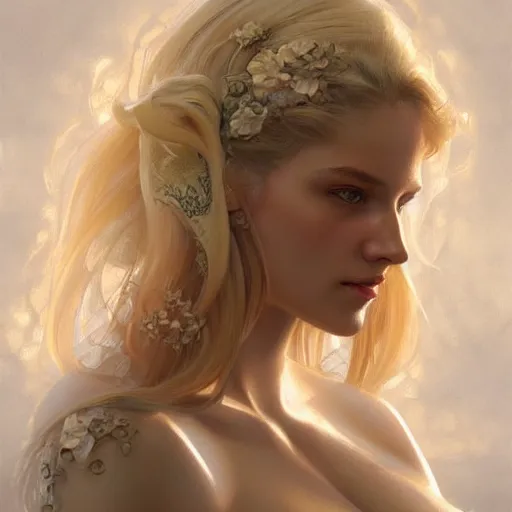 Image similar to ultra realistic illustration, a hot and beautiful blonde slavic woman in her 3 0's, intricate, elegant, highly detailed, digital painting, artstation, concept art, smooth, sharp focus, illustration, art by artgerm and greg rutkowski and alphonse mucha