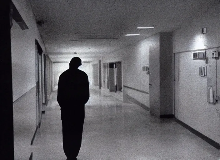 Image similar to disturbing 3 5 mm flash color photo of headless man standing in the middle of a hospital corridor horror film practical fx directed by dario argento