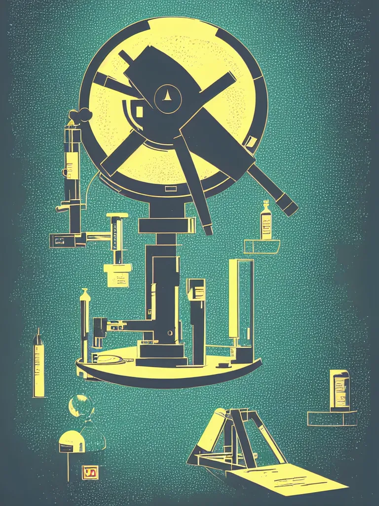 Image similar to editorial illustration scientific lab test tube telescope microscope spaceship, fine texture, dynamic composition, detailed, matte print, dynamic perspective, halftone texture, colorful modern, mads berg
