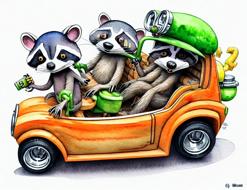 Image similar to cute and funny, racoon riding in a tiny hot rod with oversized engine, ratfink style by ed roth, centered award winning watercolor pen illustration, isometric illustration by chihiro iwasaki, edited by range murata, tiny details by artgerm and watercolor girl, symmetrically isometrically centered