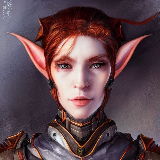 Image similar to portrait of a female elf orc by ayami kojima, she is about 2 0 years old, american pretty, copper hair, annoying but friendly, she is wearing a modern tactical gear, scifi, highly detailed portrait, digital painting, artstation, concept art, smooth, sharp foccus ilustration, artstation hq