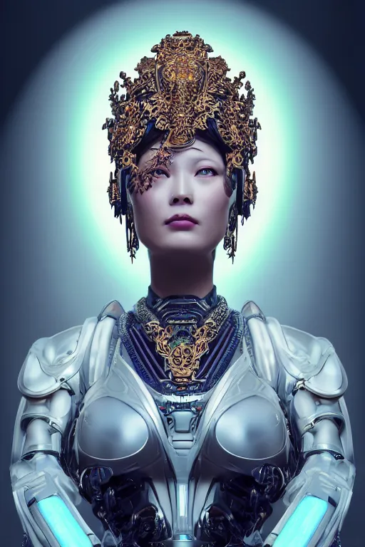 Image similar to a beautiful empress portrait, with a brilliant, impossible striking big cybernetic headpiece, cybernetic clothes, symmetrical, dramatic studio lighting, rococo, baroque, asian, hyperrealism, closeup, D&D, fantasy, intricate, elegant, highly detailed, digital painting, artstation, octane render, 8k, concept art, matte, sharp focus, illustration, art by Artgerm and Greg Rutkowski and Alphonse Mucha