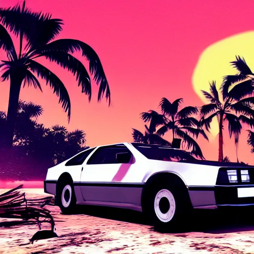 Image similar to wasteland hotline miami desert apocalypse car on fire oil leaking black liquid wasteland war destroyed wide shot landscape nuke fire craters end of the world miami beach sunset palm trees 80s delorean unreal engine style