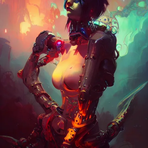 Prompt: a portrait of a beautiful demonic cybernetic duchess of hell, cyberpunk concept art by pete mohrbacher and guweiz and wlop and artgerm and josan gonzales and syd mead, digital art, artstation, deviantart, pinterest, unreal engine, sharp focus, 4 k uhd image