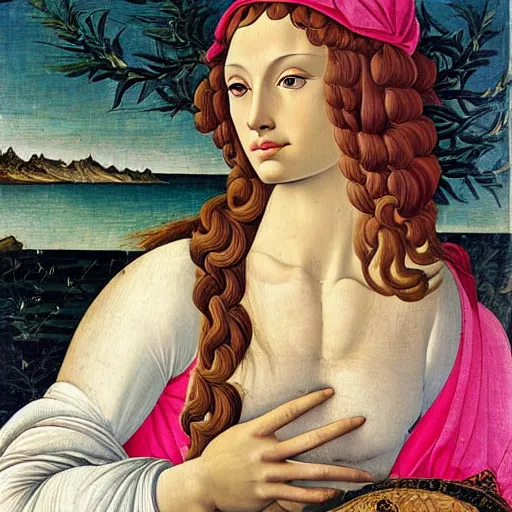 Prompt: an ultradetailed mythological oil painting of a beautiful woman with long brown hair, full body, wearing pink floral chiton, sleeping on a giant scallop shell, near the seashore, intricate lines, elegant, renaissance style, by sandro botticelli